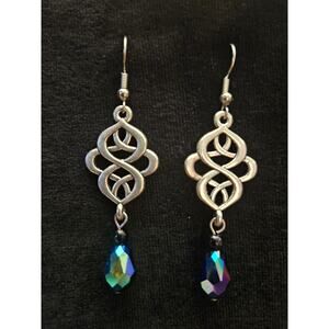Antique silver Celtic knot and iridescent black teardrop earrings